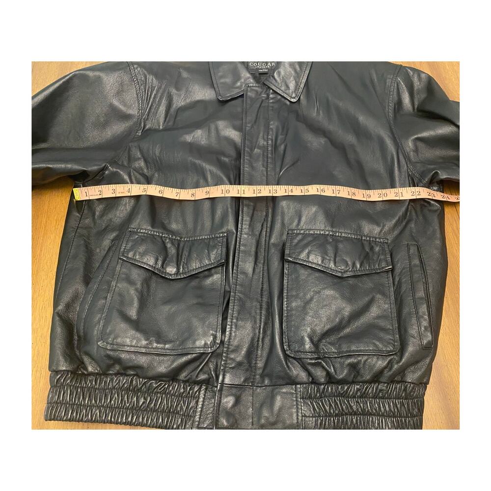 Cougar Leather Black Bomber Jacket Men’s L Zip Front Snap Pockets Elastic Hem - Picture 4 of 11